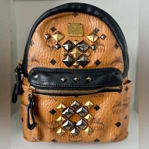 MCM Cognac and Black Backpack with Gold and Silver Studs